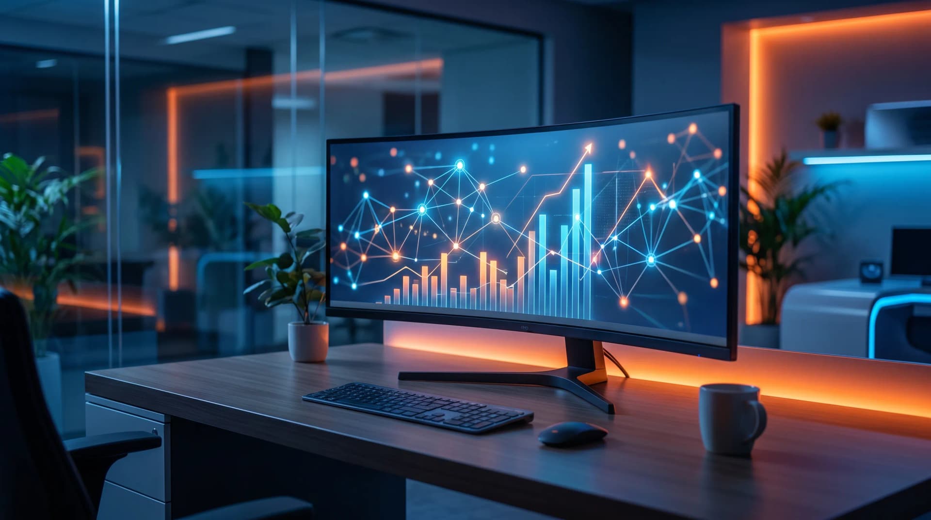 Glowing backlink network graph and ranking analytics on a modern SEO workspace monitor
