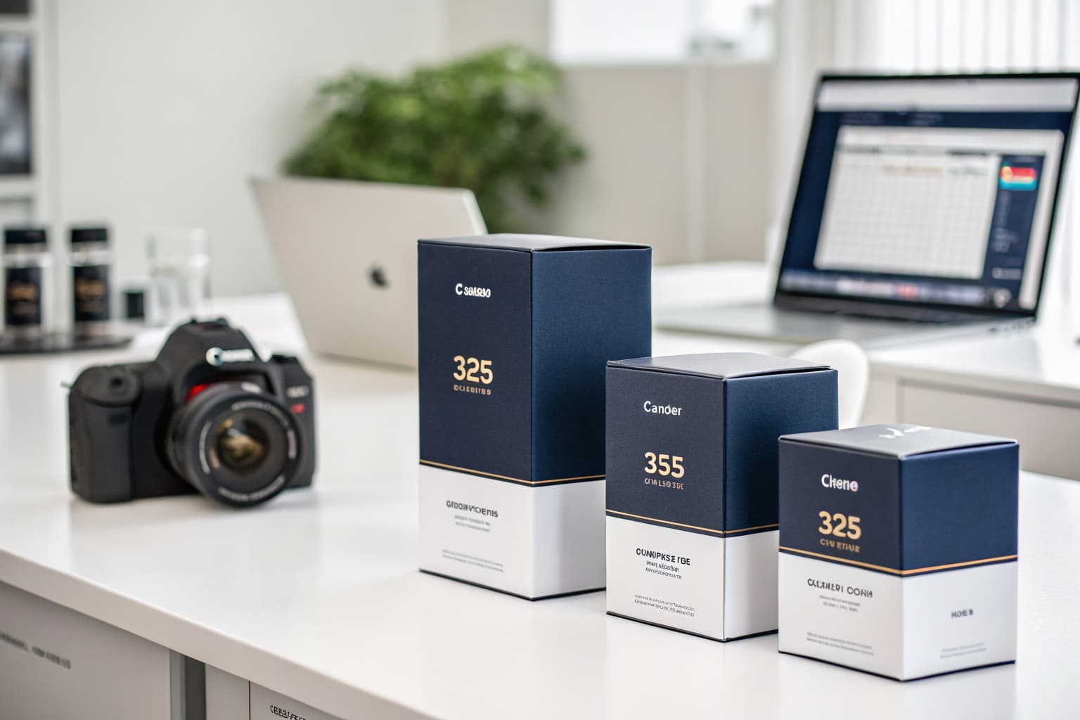 Three tiered backlink packages on a clean office desk with SEO analytics in background