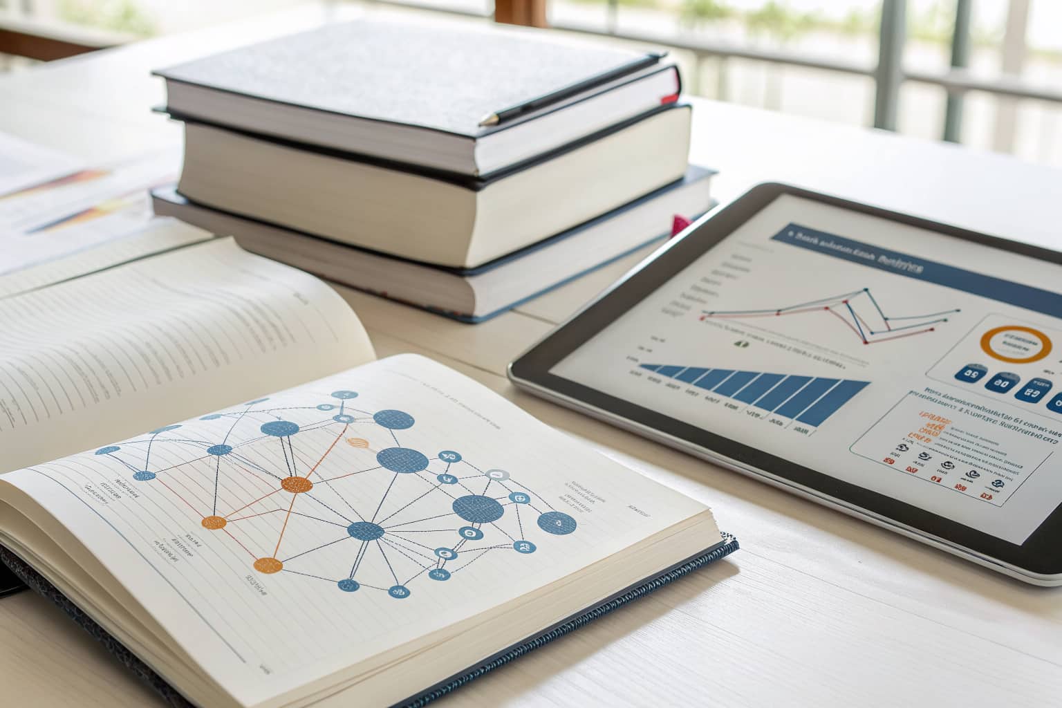 Notebook and tablet with backlink and domain authority diagrams representing an SEO education resource hub