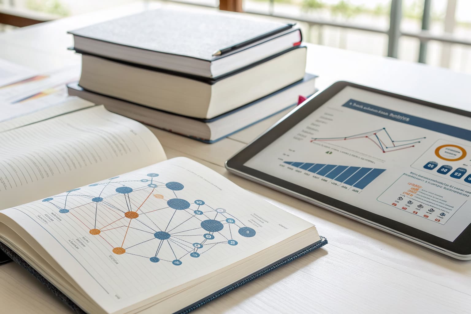 Notebook and tablet with backlink and domain authority diagrams representing an SEO education resource hub