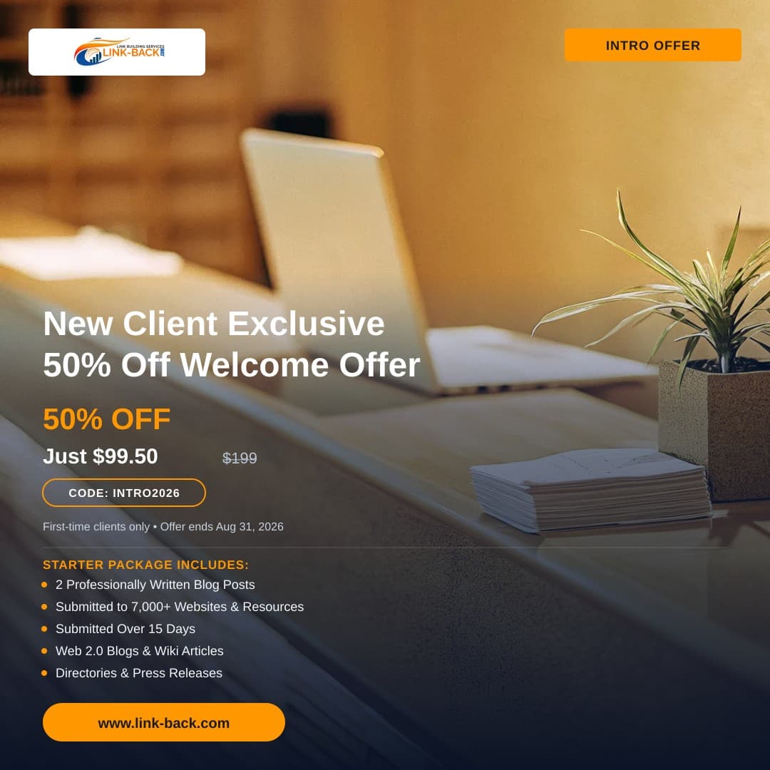 New Client Exclusive: 50% Off β LINK-BACK.com 50% off intro offer ad